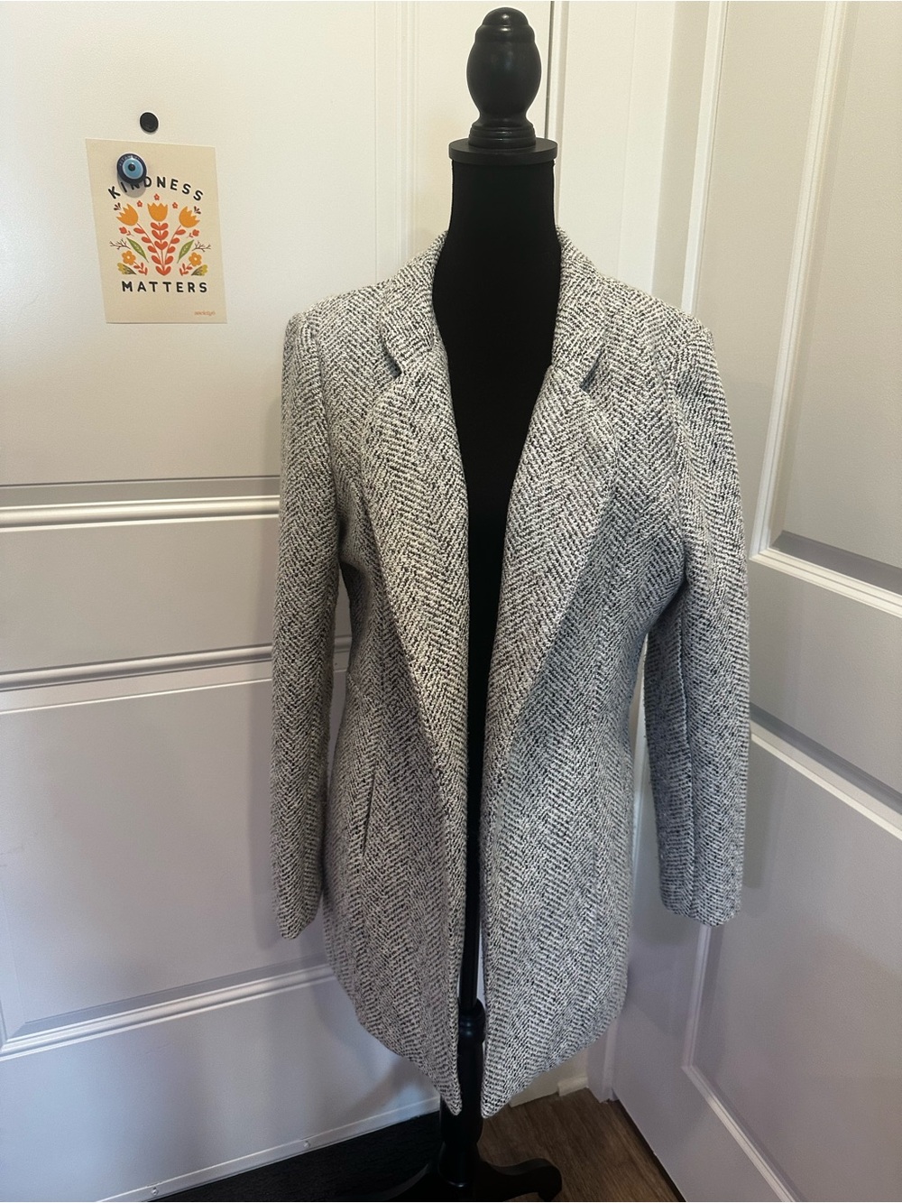 SHEIN Grey Herringbone Open-Front Blazer Coat